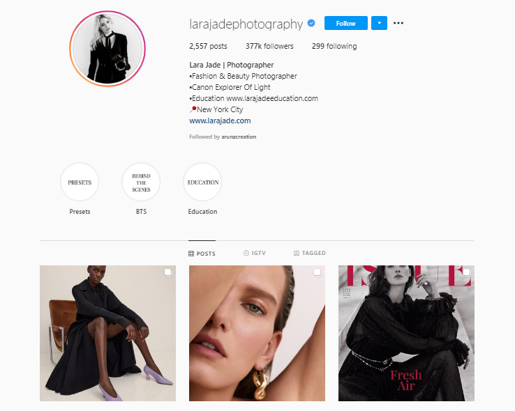 Lara Jade Photography Instagram Page